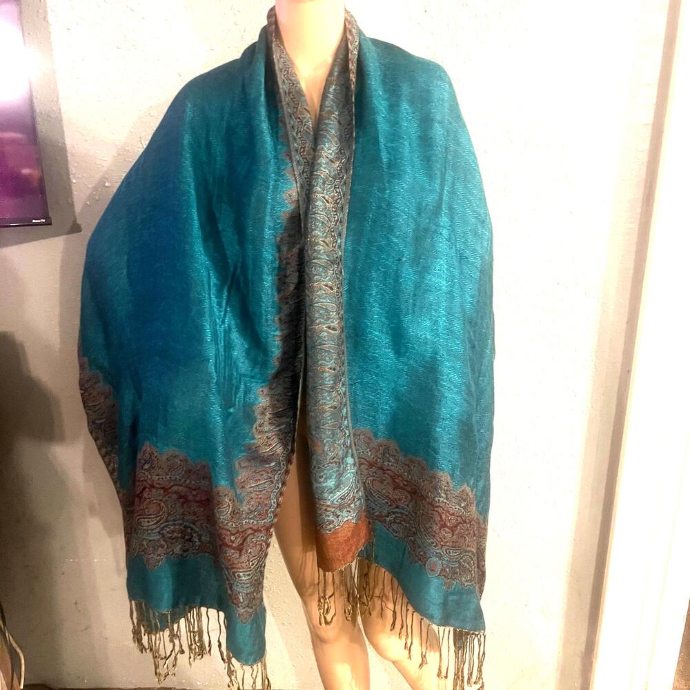 Pashmina Scarf Wrap Chocolate Brown & Teal 76x27 Soft Workwear Cozy Boho Elegant